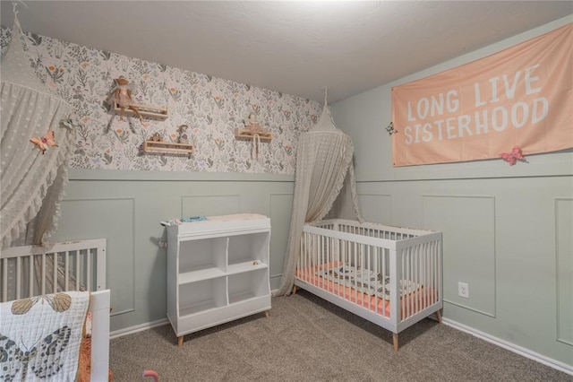 3429 Molly Dr, Yukon, OK 73099 - carpeted bedroom with a crib, a wainscoted wall, and a decorative wall