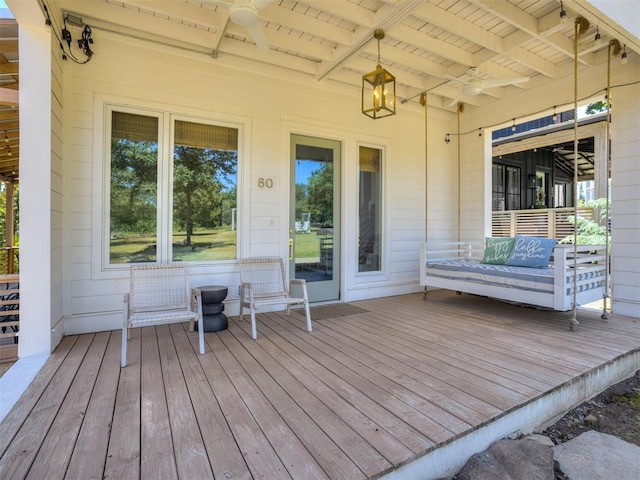 80 Pistache Ln, Carlton Landing, OK 74432 - wooden deck featuring a ceiling fan