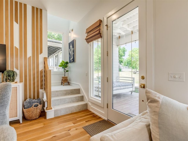 80 Pistache Ln, Carlton Landing, OK 74432 - doorway to outside with light wood-style flooring and stairway