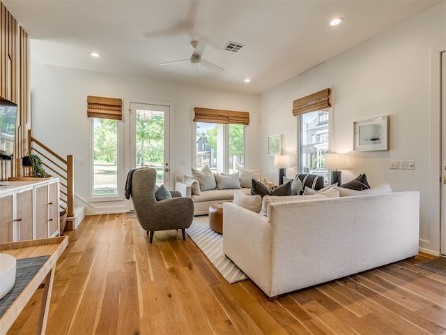 80 Pistache Ln, Carlton Landing, OK 74432 - living room with light wood-style flooring, a ceiling fan, stairs, recessed lighting, and baseboards