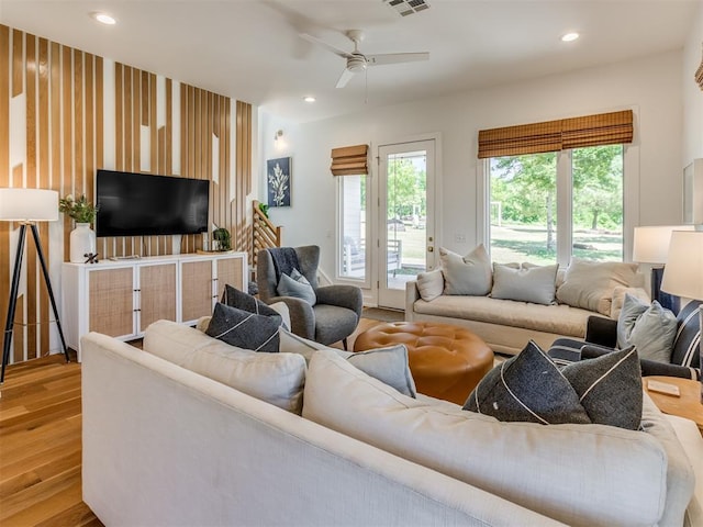 80 Pistache Ln, Carlton Landing, OK 74432 - living area featuring wood finished floors, ceiling fan, and recessed lighting
