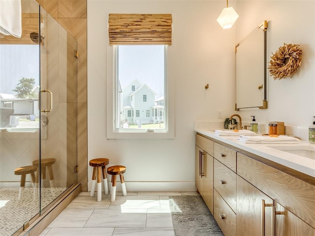80 Pistache Ln, Carlton Landing, OK 74432 - full bathroom featuring double vanity, a stall shower, and baseboards