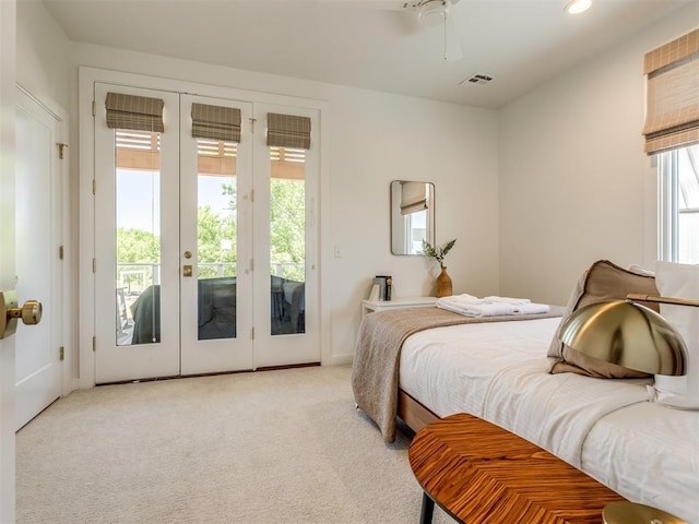 80 Pistache Ln, Carlton Landing, OK 74432 - bedroom with access to outside, french doors, carpet flooring, recessed lighting, and ceiling fan