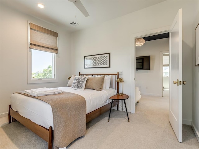 80 Pistache Ln, Carlton Landing, OK 74432 - bedroom featuring light colored carpet, multiple windows, baseboards, recessed lighting, and ceiling fan