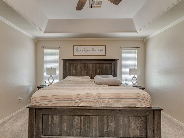 846 County St Unit 2910, Tuttle, OK 73089 - bedroom featuring a tray ceiling, light colored carpet, baseboards, multiple windows, and crown molding