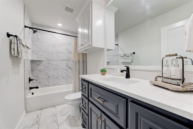 5804 NW 159th St, Edmond, OK 73013 - bathroom featuring marble finish floors, vanity, toilet, shower / bath combo, and recessed lighting