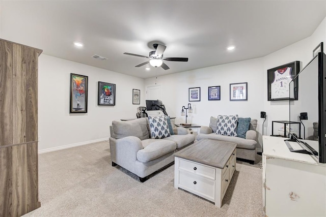 5804 NW 159th St, Edmond, OK 73013 - living area featuring a ceiling fan, light carpet, recessed lighting, and baseboards