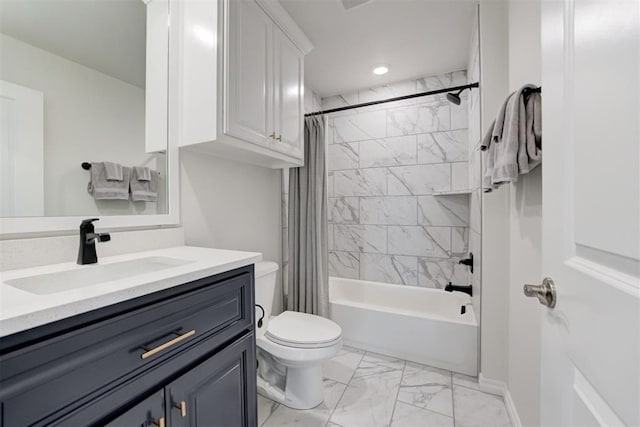 5804 NW 159th St, Edmond, OK 73013 - full bath with marble look tiles, toilet, vanity, shower / bath combo with shower curtain, and recessed lighting