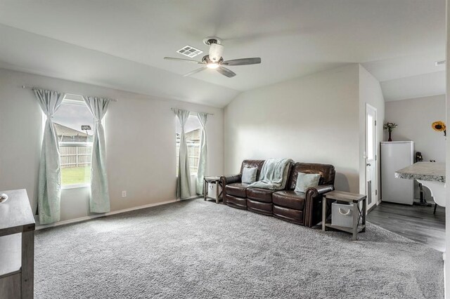 5318 Kye Dr, Tuttle, OK 73089 - living area with a ceiling fan, vaulted ceiling, and baseboards
