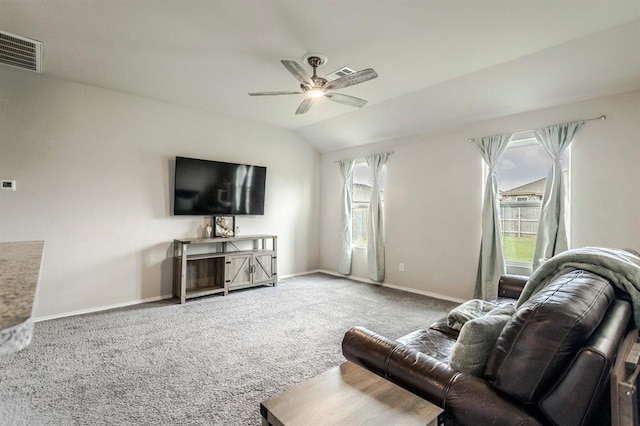 5318 Kye Dr, Tuttle, OK 73089 - living area with ceiling fan, carpet, baseboards, and lofted ceiling