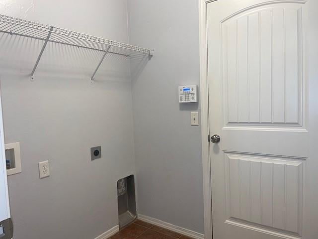 9520 SW 24th Ter, Oklahoma City, OK 73128 - laundry room with electric dryer hookup, baseboards, washer hookup, and dark tile patterned flooring