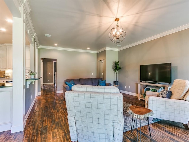 14210 Jack Rabbit Trl, Arcadia, OK 73007 - living room featuring dark wood finished floors, baseboards, recessed lighting, crown molding, and a chandelier