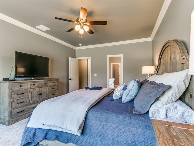 14210 Jack Rabbit Trl, Arcadia, OK 73007 - carpeted bedroom featuring crown molding, a ceiling fan, and connected bathroom