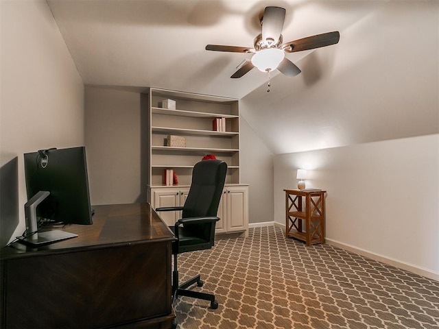 14210 Jack Rabbit Trl, Arcadia, OK 73007 - carpeted home office with a ceiling fan, baseboards, and lofted ceiling