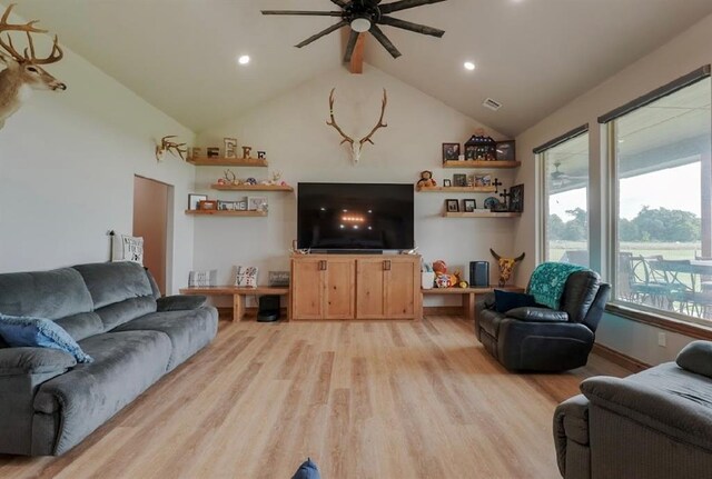 9027 Ns 3500th Rd, Prague, OK 74864 - living area featuring ceiling fan, light wood-type flooring, vaulted ceiling, and recessed lighting
