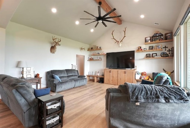 9027 Ns 3500th Rd, Prague, OK 74864 - living area featuring ceiling fan, light wood-style flooring, beam ceiling, recessed lighting, and high vaulted ceiling