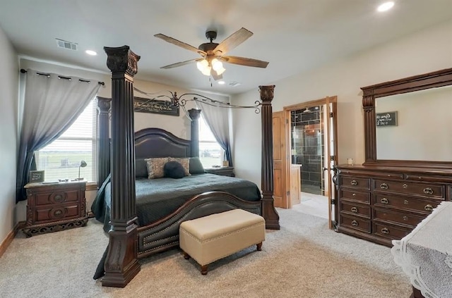 9027 Ns 3500th Rd, Prague, OK 74864 - bedroom with light carpet, recessed lighting, and a ceiling fan