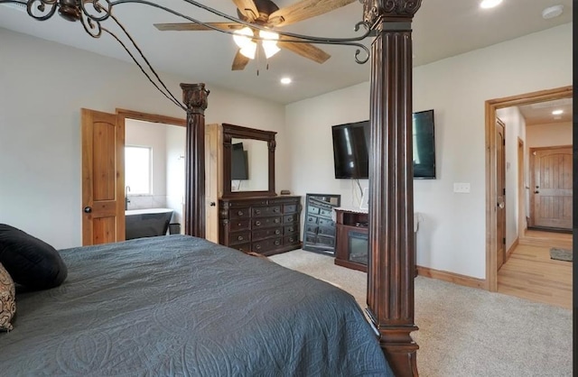 9027 Ns 3500th Rd, Prague, OK 74864 - bedroom with light carpet, baseboards, recessed lighting, and ceiling fan