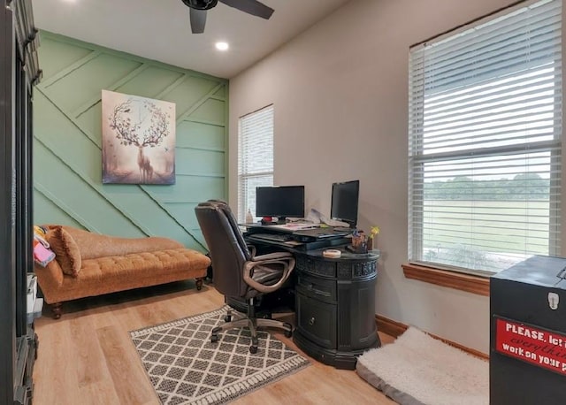 9027 Ns 3500th Rd, Prague, OK 74864 - home office with ceiling fan, plenty of natural light, wood finished floors, and recessed lighting