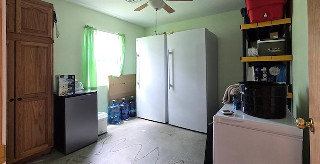 36797 N 56th Hwy, Okemah, OK 74859 - kitchen with freestanding refrigerator, unfinished concrete flooring, and a ceiling fan