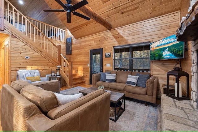 173 Alexis Ln, Broken Bow, OK 74728 - living area with stairs, wooden ceiling with exposed beams, wooden walls, ceiling fan, and high vaulted ceiling