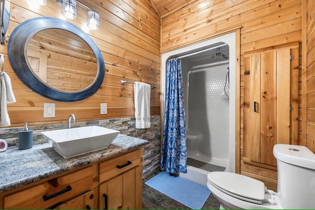 173 Alexis Ln, Broken Bow, OK 74728 - full bath featuring toilet, wood walls, vanity, and a shower stall