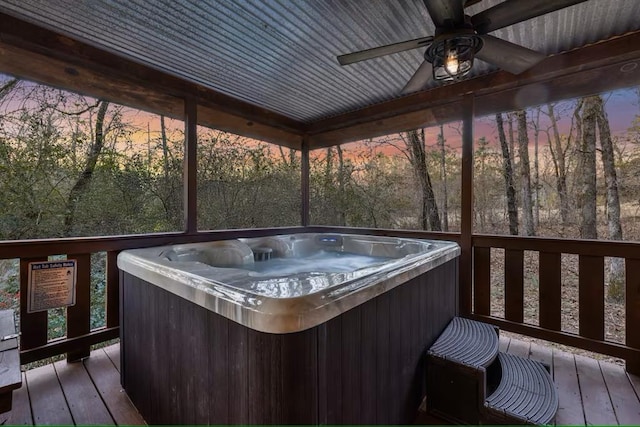 173 Alexis Ln, Broken Bow, OK 74728 - wooden deck with ceiling fan and a hot tub