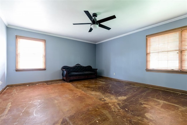1301 W C Ave, Elk City, OK 73644 - unfurnished room featuring baseboards, crown molding, a ceiling fan, and concrete floors