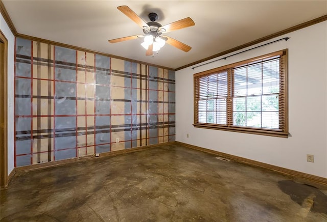1301 W C Ave, Elk City, OK 73644 - spare room with ornamental molding, unfinished concrete floors, baseboards, and ceiling fan