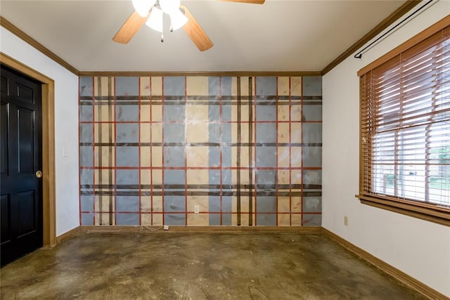 1301 W C Ave, Elk City, OK 73644 - empty room with ornamental molding, concrete flooring, baseboards, and ceiling fan