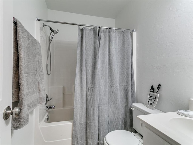 16020 Panther Way, Edmond, OK 73013 - bathroom with shower / bath combination with curtain, toilet, vanity, and a textured wall