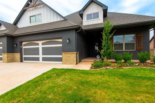 14601 Chambord Dr, Yukon, OK 73099 - craftsman-style home with concrete driveway, a front lawn, board and batten siding, a shingled roof, and a garage