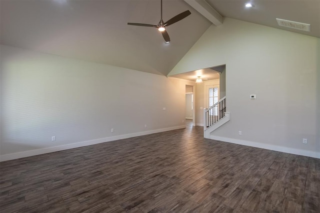 14601 Chambord Dr, Yukon, OK 73099 - spare room with beamed ceiling, a ceiling fan, dark wood-style flooring, high vaulted ceiling, and baseboards