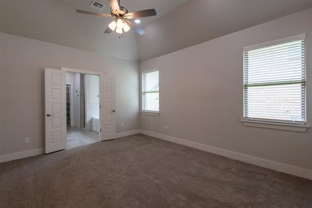 14601 Chambord Dr, Yukon, OK 73099 - unfurnished bedroom with carpet, baseboards, high vaulted ceiling, and ceiling fan