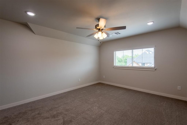 14601 Chambord Dr, Yukon, OK 73099 - empty room featuring ceiling fan, lofted ceiling, baseboards, dark colored carpet, and recessed lighting