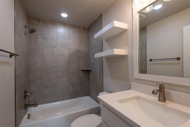 14601 Chambord Dr, Yukon, OK 73099 - full bathroom with vanity, toilet,  shower combination, and recessed lighting