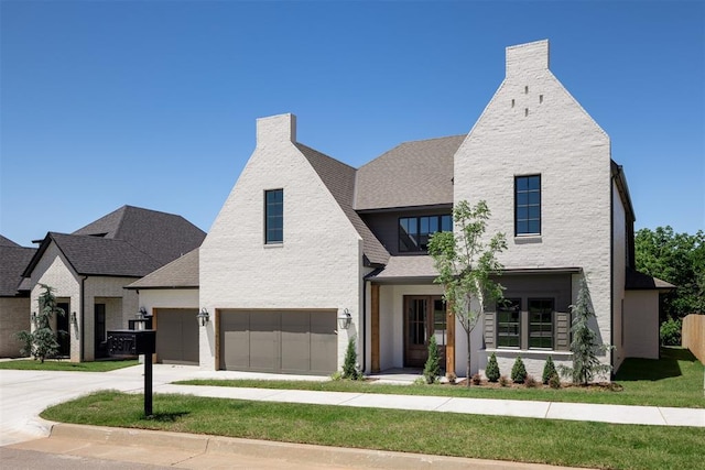 3817 Shady Hill Trl, Edmond, OK 73034 - view of front facade with an attached garage, concrete driveway, a chimney, and a shingled roof