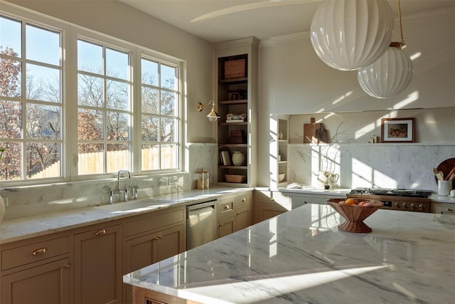 3817 Shady Hill Trl, Edmond, OK 73034 - kitchen featuring a sink, tasteful backsplash, range, stainless steel dishwasher, and ornamental molding