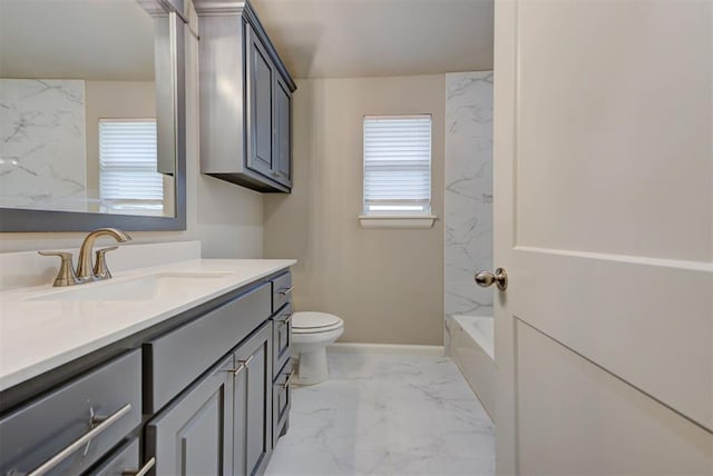 715 SE 37th St, Newcastle, OK 73065 - bathroom with marble look tiles, vanity, and toilet