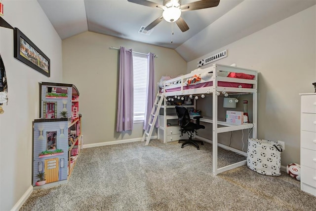 715 SE 37th St, Newcastle, OK 73065 - carpeted bedroom featuring vaulted ceiling, baseboards, a desk, and a ceiling fan