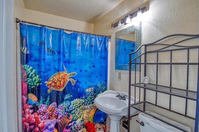 1110 Lollar Dr, Maysville, OK 73057 - full bath with a textured wall, toilet, a textured ceiling, and a shower with curtain