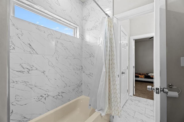 2382 County Road 1262, Blanchard, OK 73010 - ensuite bathroom with shower / tub combo and marble look tile flooring