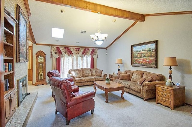 3113 Shannon Ct, Bethany, OK 73008 - living room with ornamental molding, light colored carpet, a chandelier, a fireplace, and baseboards