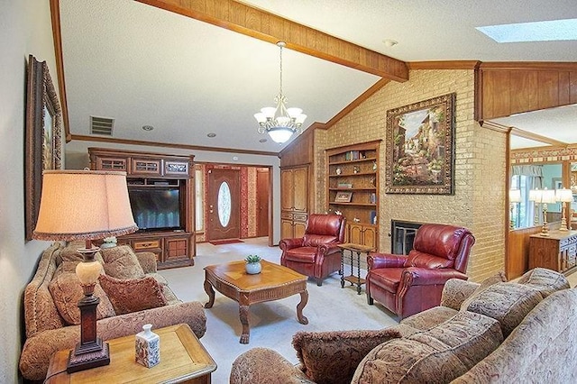 3113 Shannon Ct, Bethany, OK 73008 - living room with light carpet, a skylight, a chandelier, built in shelves, and a brick fireplace