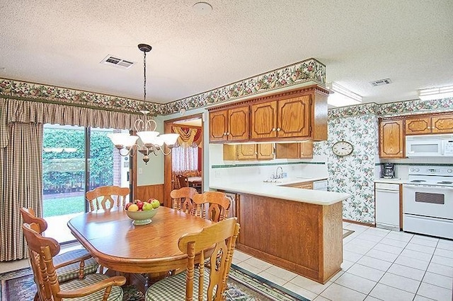 3113 Shannon Ct, Bethany, OK 73008 - dining room with wallpapered walls, a chandelier, a textured ceiling, wainscoting, and light tile patterned floors