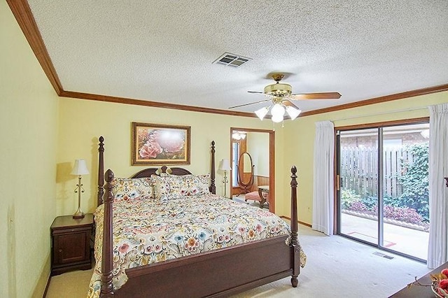 3113 Shannon Ct, Bethany, OK 73008 - bedroom with access to outside, light colored carpet, baseboards, ornamental molding, and ceiling fan