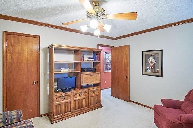 3113 Shannon Ct, Bethany, OK 73008 - living room featuring light carpet, a textured ceiling, ceiling fan, an office area, and crown molding