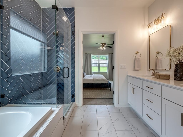 2257 Preserve Edge Dr, Edmond, OK 73034 - ensuite bathroom with marble finish floors, vanity, a shower stall, a bath, and baseboards