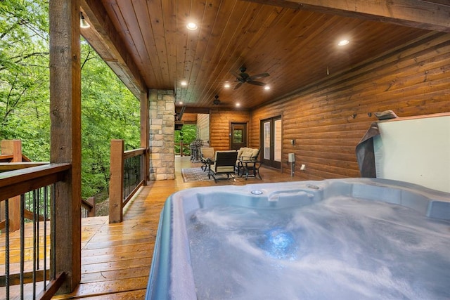186 W Eagle Mountain Trl, Broken Bow, OK 74728 - deck with french doors, a hot tub, and ceiling fan