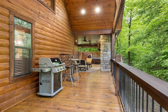 186 W Eagle Mountain Trl, Broken Bow, OK 74728 - wooden deck with a grill and a ceiling fan